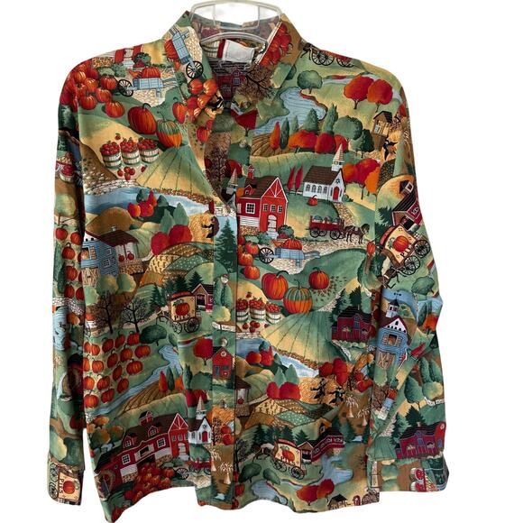 Fun Size Tops - Vintage Just for Fun Size L Fall in the Farm Buttondown Shirt